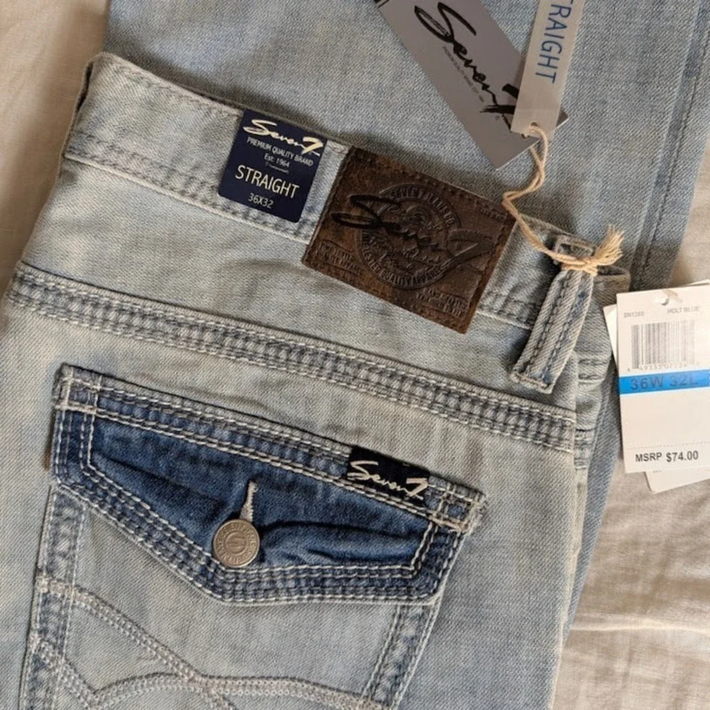 Seven 7 Jeans Mens 36x32 (Fits 38.5x31.5) Blue Flap Pockets Thick Stitch Soft